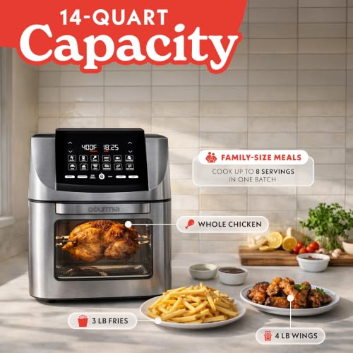 Image of Gourmia Air Fryer - 14 Qt All-in-One Rotisserie Oven with Digital Display, 12 Presets, Roast, Bake, Broil, Dehydrate, Dishwasher Safe Accessories, Stainless Steel