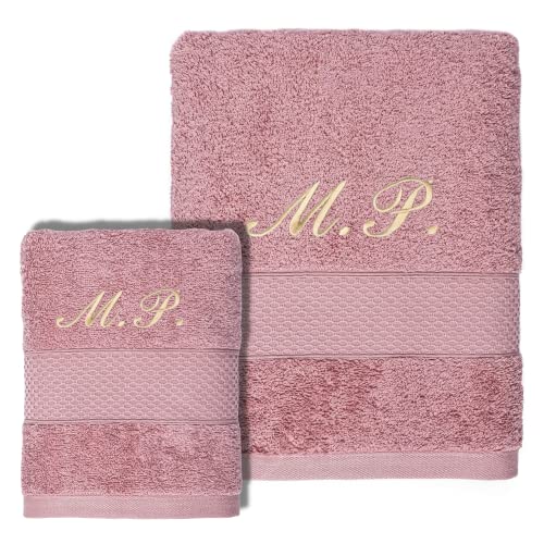 Nenel Juego de Toallas Personalizadas Bordadas – Toallas de baño con Nombre o Iniciales Bordado - Suaves y Absorbentes, 100% algodón (1 Toalla de Lavabo + 1 Toalla de Baño Grande, Rosa Maquillaje)