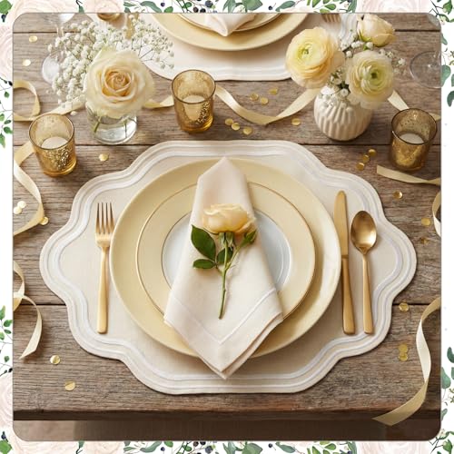 Breling 6 Pcs Orange Wedding Placemats Scalloped Embroidered Cotton Linen Placemats 17" x 13" Double Layered Machine Washable Table Place Mat for Party Table Decor (Cotton) by Breling - Image 2