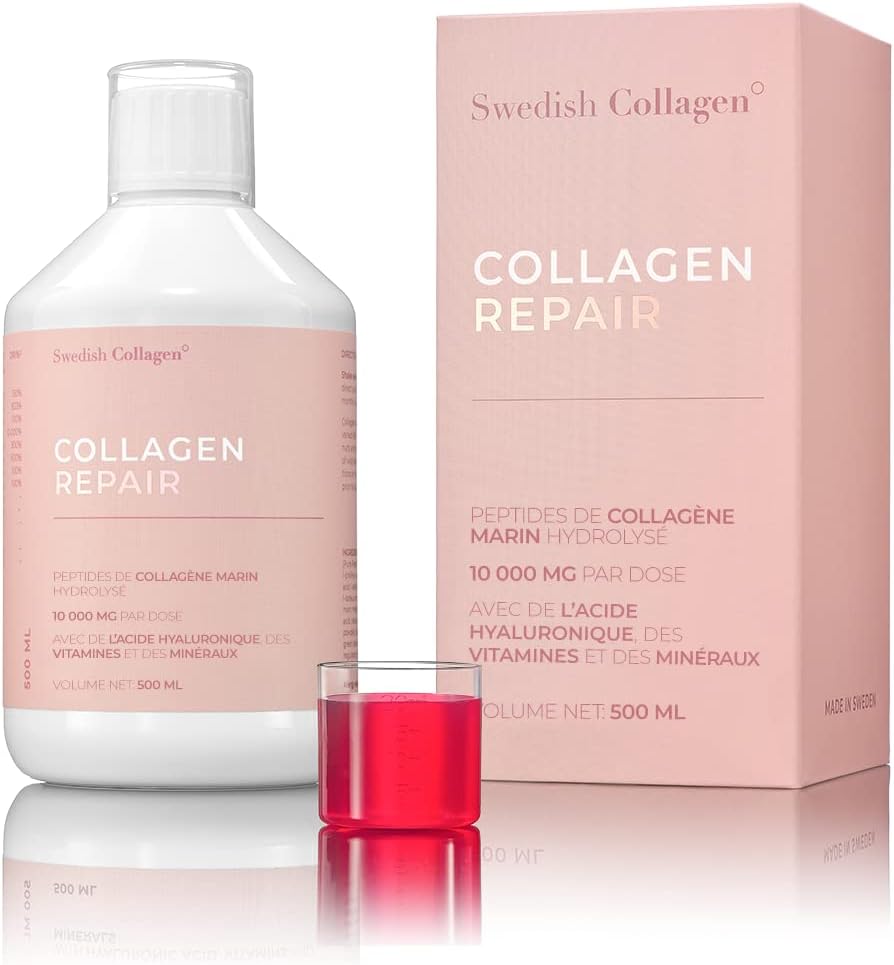 Swedish Collagen - Collagen Repair 500 ml de collagène liquide | 10 000 mg de collagène marin, avec de l'acide hyaluronique, des vitamines et des minéraux pour les cheveux, la peau et les ongles.