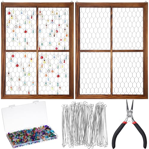 Chunful 2 Pack Chicken Wire Wood Frame Suncatcher with 1300 Rainbow Glass Beads Unfinished Wooden Frames for Crafts Photo Jewelry Window Hanging Decor Home Gift Outer 16 x 12 INES(Coffee Brown)