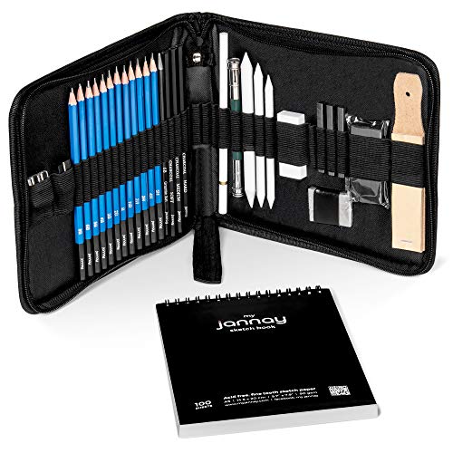 Jannay Drawing Set  Sketch Pencils and Tools, Professional Art Supplies in a Portable Case - 34 pcs - Bonus: White Charcoal Pencil and 100 Pg Quality Paper Pad Notebook - No Sharp Knives
