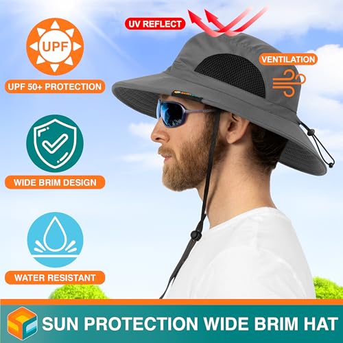 Image of SUN CUBE Wide Brim Sun Hat Men Women, Fishing Hats Sun UV Protection, Mens Hiking Bucket Hat Safari Beach Boonie, UPF 50+