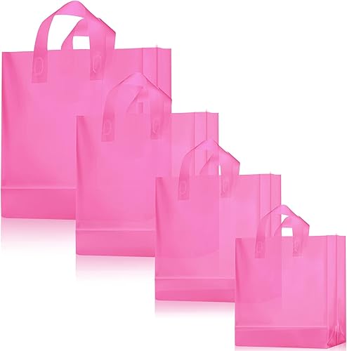 100 bolsas de regalo de plástico esmerilado con asas para pequeñas empresas, bolsas de compras transparentes con parte inferior de cartón, 4 tamaños