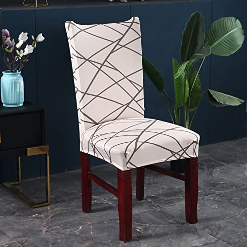 Image of House of Quirk Elastic Chair Cover Stretch Removable Washable Short Dining Chair Cover Protector Seat Slipcover (Pack of 6, Beige Linen)