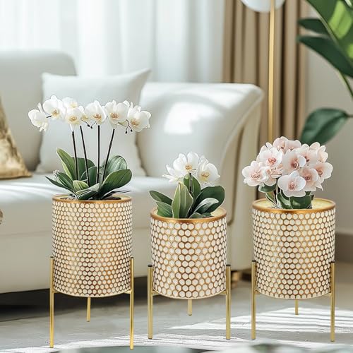 Growsun Plant Pots with Stands, Set of 3 - Indoor Flower Pots with Drain Holes & Rubber Stoppers, Includes Clear Plastic Nursery Pots - Stylish Modern Home Decor for Living Room, Office, and Balcony