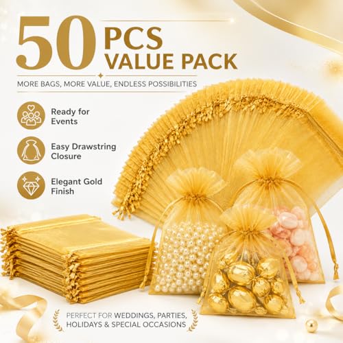 Image of Hopttreely Gold Organza Bags 4x6 Inch, Premium Mesh Drawstring Gift Bags for Party Favors, Jewelry Packaging, Wedding Candy, Christmas, Small Business Supplies, 50 Pcs