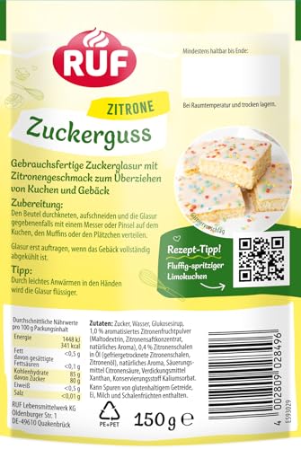RUF Zuckerguss Zitrone, sofort anwendbar als Glasur für Kuchen und Gebäck, fruchtig frischer Zitronen-Geschmack, 1 x 150g