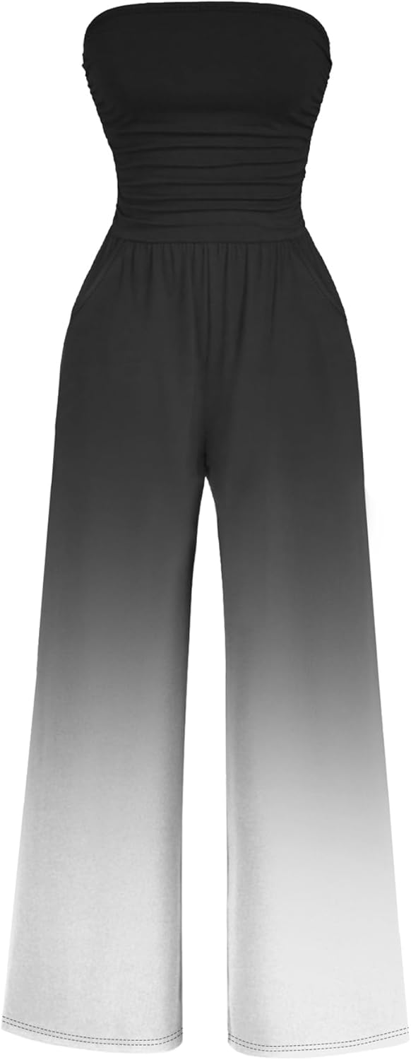 AUXDIO Women's Casual Summer Strapless Jumpsuits Off Shoulder Sleeveless Backless 2025 Wide Leg Romper with Pocket