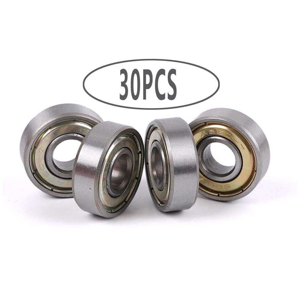 DXIA Pack of 30 608 ZZ Skateboard Bearings, Mini Ball Bearings, Small Double Shielded Bearing Replacement Parts, Longboard Roller Skate Bearings, 8x22x7 Miniature Ball Bearings, Silver