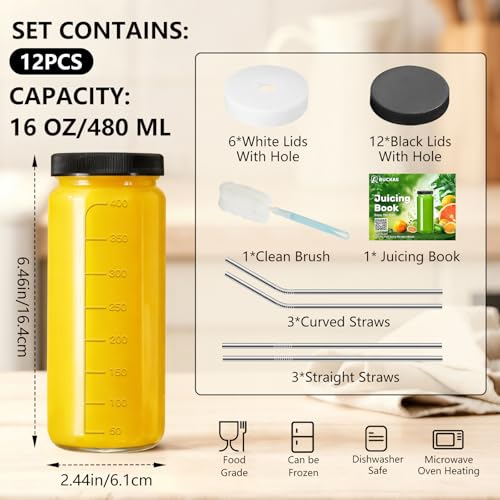 Image of Ruckae 16oz 12 Pack Juice Bottles, Glass Bottles Juicing with Lids, Smoothie Cup Lids and Straws, Water Bottle Mason Jar Drinking Glasses for Juicing, Smoothies, Kombucha