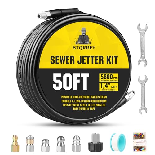 Image of Pressure Washer Drain Jetter - Sewer Jetter Kit for Pressure Washer 50ft 1 /4 Inch NPT Hose Nozzles and Adapter 5800PSI Clears Clogs in Pipes & Sewer Lines