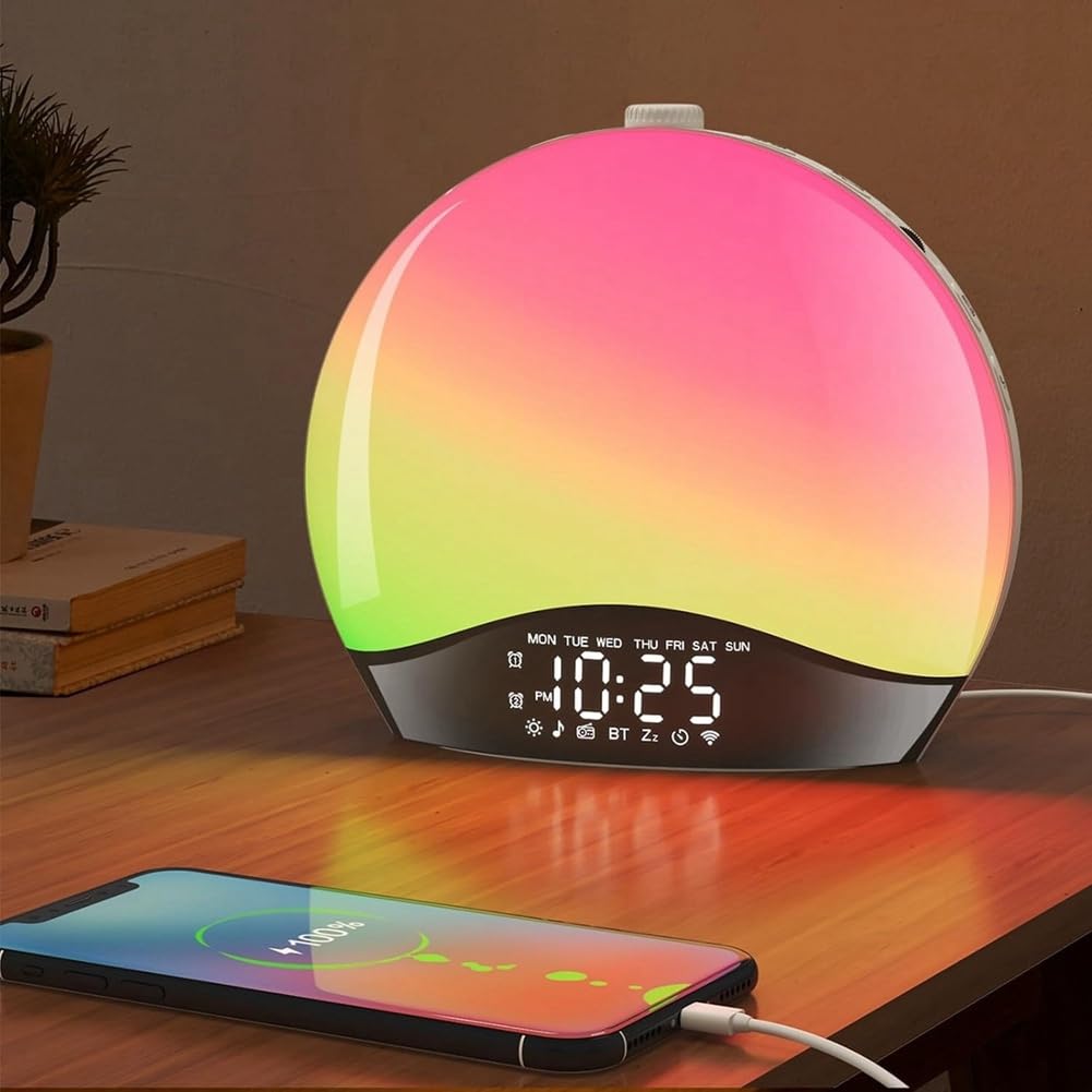 Despertador con Luz de Amanecer, Reloj de Mesa Regulable con 3 Anillos, 8 Luces Nocturnas, 26 Sonidos, Temporizador de Sueño, Luz, Enchufe EU.