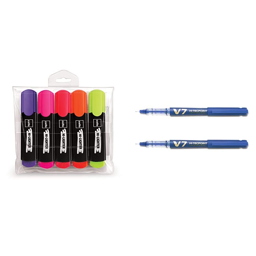 Cello Hi-Lighter (Pack Of 5, Vivid Colors - Yellow, Pink, Peach, Orange And Purple) | Easily Applica & Pilot V7 Hi-Tecpoint Roller Ball Pen With Cartridge System - 2 Blue Pens, 4 Cartridges
