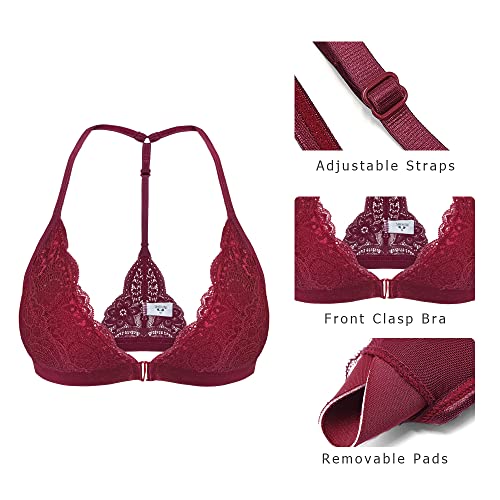 Image of SHEKINI Women's Lace Bra Wireless Padded Triangle Bralettes for Women Front Closure Halter Bras for Women
