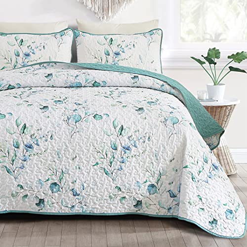 Djy Floral Quilt Set Queen Size 3 Pieces Botanical Green Bedspread Green Leaves Soft Microfiber Lightweight Coverlet Bedding Quilt With 2Pillowcases For All Season (Queen 96''X90'') #TOP2