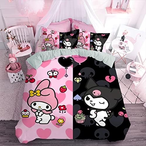 Anime Cartoon Duvet Cover Set Pink Cute Kawaii Bedding Sets with Zipper Ties Comforter Cover Set for Teens Boys Kids Girls 1 Quilt Cover 2 Pillowcases 3 Piece, Queen Size