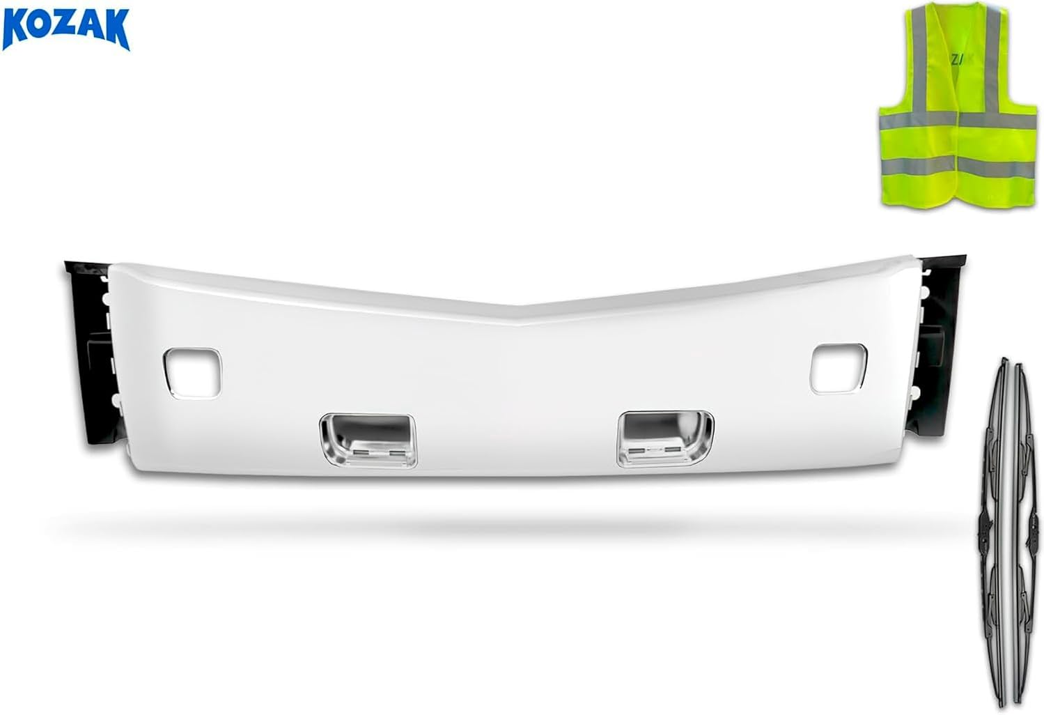 KOZAK Chrome PLASTIC Center Bumper Compatible with Peterbilt 579 2013-2021 PLUS Logo Emblem, 2x 22" Wipers and KOZAK Vest