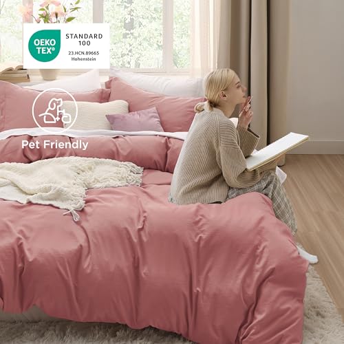 Image of Bedsure Pink Clay Duvet Cover Queen Size - 3 Pieces Prewashed Cotton-Like Extra Soft Bedding Set, Includes 1 Duvet Cover 90x90 Inches with Zipper Closure & 2 Pillow Shams, Comforter Not Included
