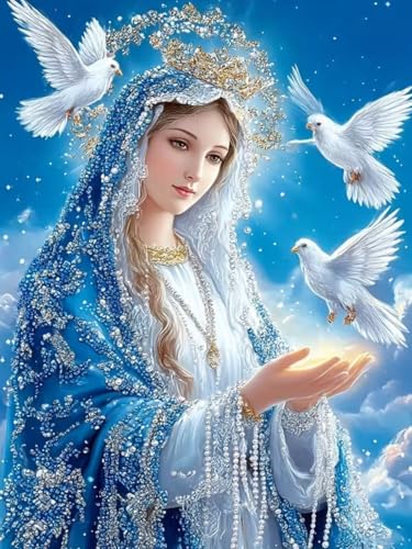 CSZPPQAF 5D Diamond Painting Kits for Adults Virgin Mary with White Doves Religious Diamond Art Kits DIY Full Drill Diamond Dots Paintings for Home Wall Decor 12x16Inch