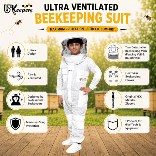 Image of Kids Bee Suit, 3 Layer Ventilated Beekeeping Suit with Gloves & 2 Veils, Protective Beekeeper Suit for Children Boys Girls (KID White XL)