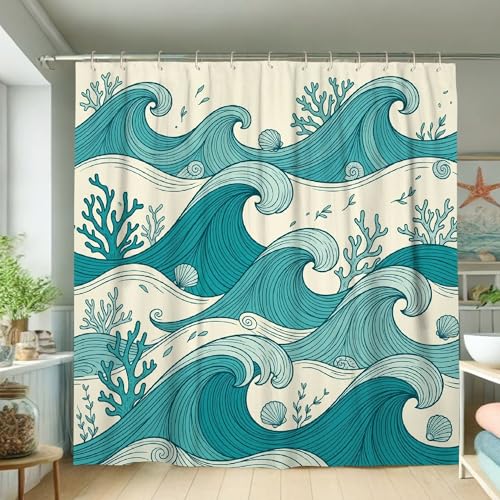 Rideau de douche imperméable vagues bleu sarcelle 183x183 cm