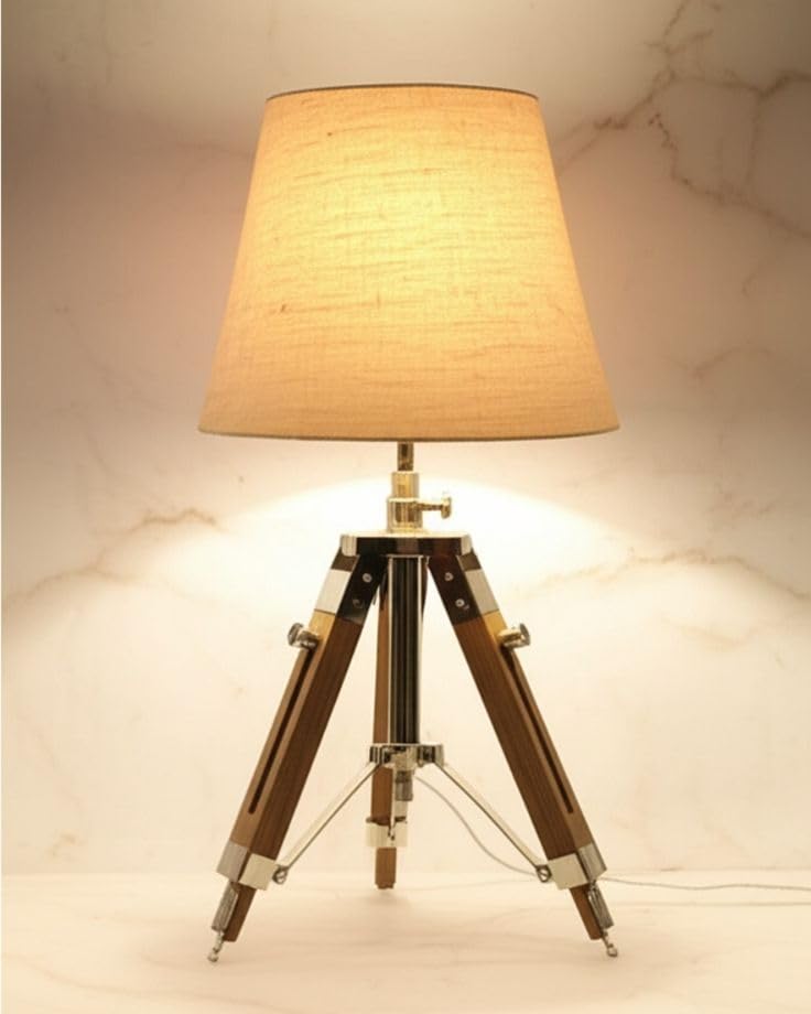 VINTAGE MART...Vintage Tripod Table Lamp with Wooden Legs, Adjustable Height, Beige Fabric Shade, Living Room Decor-image-17