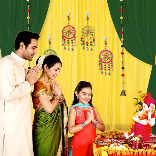Image of Party Propz Green and Yellow Backdrop Decorations with Pom Pom Hangings, Mehendi Decoration Setup, Haldi Decoration Items for Home Decor, Backdrop Cloth for Decorations Pooja(17Pcs)(Satin)