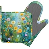 Abstract Oil Painting Flowers Oven Mitts and Pot Holders Sets Non-Slip Silicone Surface for BBQ Gloves,Kitchen,Cooking,Baking,Grilling