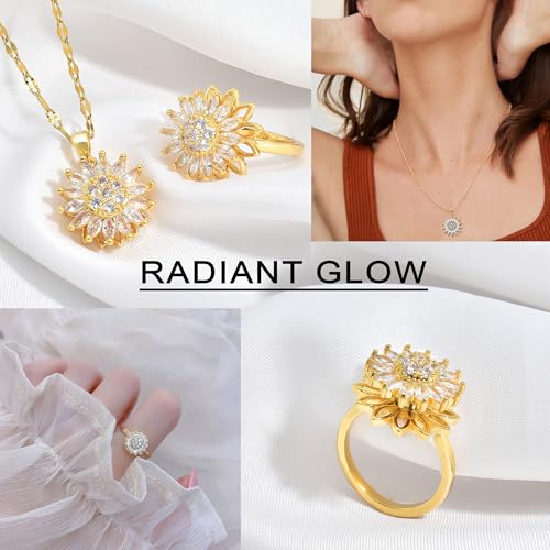 Spinning Sunflower Bracelet for Women Sunflower Fidget Necklace Ring Gold Zircon Jewelry Set for Anxiety Worry Relieving Adjustable Flower Jewelry Accessories Gifts3