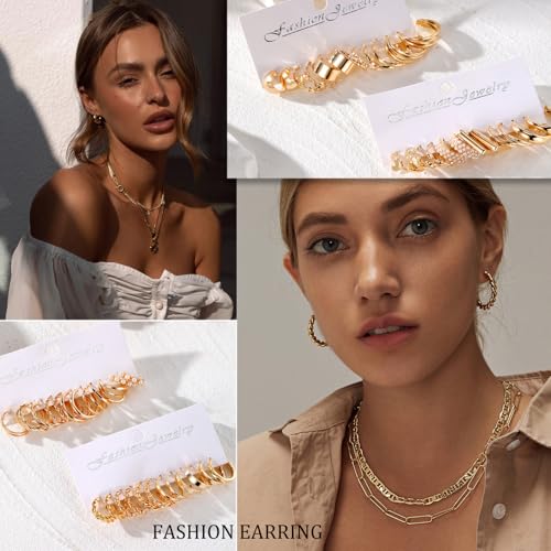 16-24 Pairs Gold Silver Black Earring Set for Women, Chunky Earring Multipack Punk Trendy Big Small Stud Hoop Earring Lightweight Twisted Pearl Ear Pack For Daily Birthday Party Gift3
