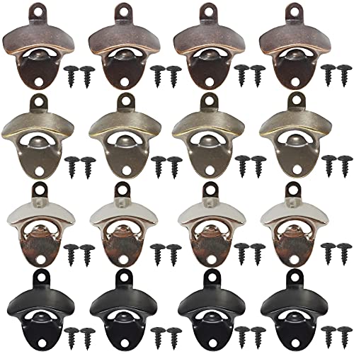 mounting bottle opener - ROYHOO 16PCS Wall Mounted Bottle Opener Vintage Beer Opener with Mounting Screws Set for Beer Cap Coke Bottle Wine Soda Open and Kitchen Cafe Bars(4 Colors)