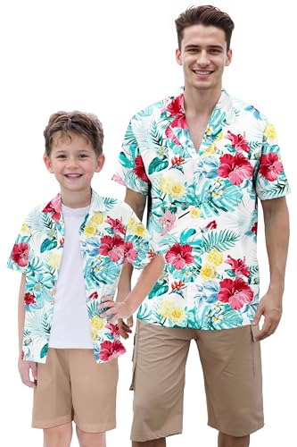 Mens Short Sleeve Hawaiian Shirts Casual Floral Button Down Aloha Shirt, Dad and Son Matching Hawaiian Shirts, Flower Teal,Small