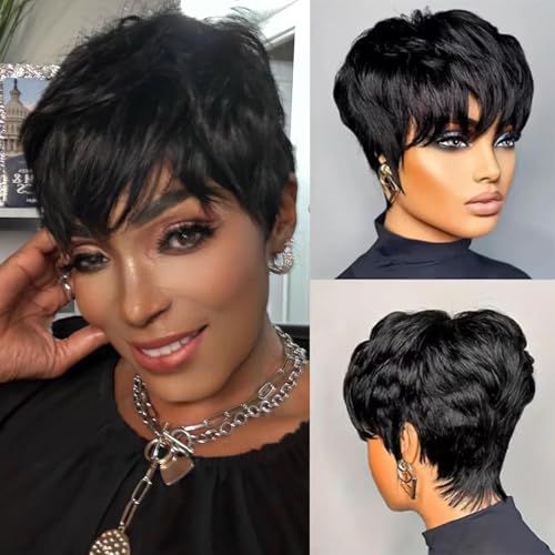 XC CLOUDS Pixie Cut Wig Human Hair Wear and Go Glueless Wigs Human Hair with Bangs Pixie Cut Wig for Black Women short wigs for black women with BangsFull Machine Made 1B Color None Lace Front Wigs