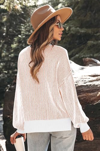 Image of Womens Sweaters Fall 2026 Clothes Oversized Striped Knit Top Winter Outfits | ETCYY Long Sleeve Colorblock Pullover Tops,Fall Sweaters For Women Trendy,Casual Work Office,Cream,Cute Oversized Sweater