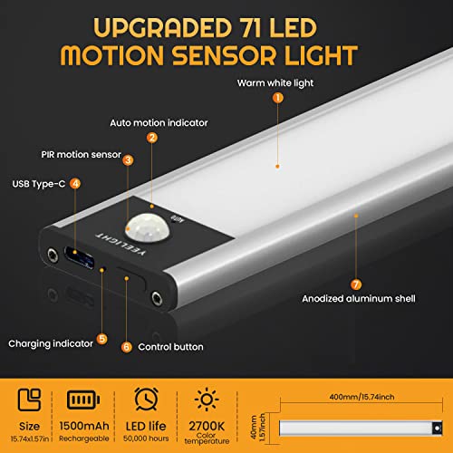 Yeelight Under Cabinet Lights, 71 Led Closet Light Motion Activated, Dimmable Rechargeable Under Cabinet Lighting For Closet, Kitchen Cabinet, Wardrobe, Cupboard, Warm White #TOP2