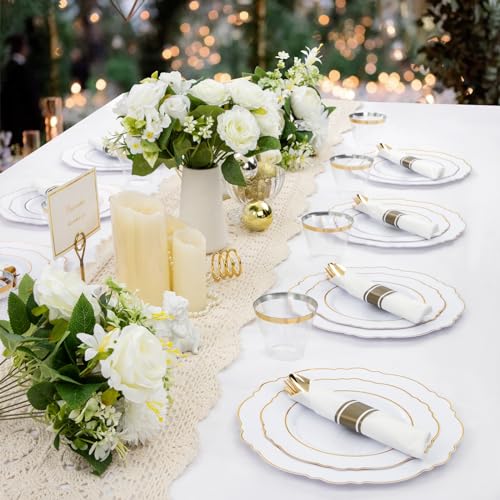 Liacere 350PCS Gold Plastic Plates-Disposable White and Gold Plates 50guest Baroque Plastic Dinnerware include 100Plates, 50Pack Pre Rolled Napkins with Silverware 50Cups for Wedding & Mothers Day by Liacere - Image 4
