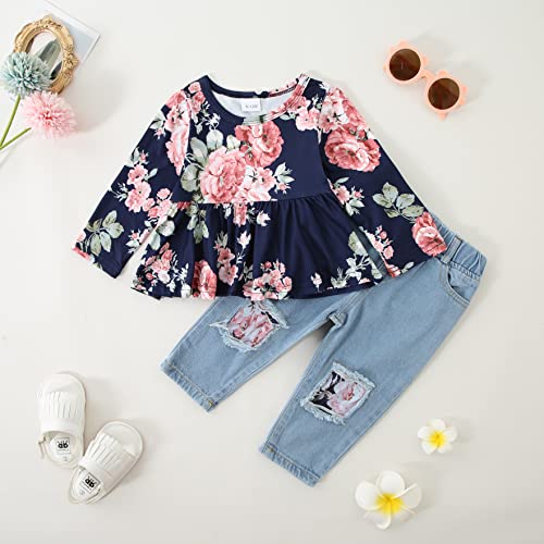 Image of CARETOO Girls Clothes Outfits, Cute Baby Girl Floral Long Sleeve Pant Set Flower Ruffle Top