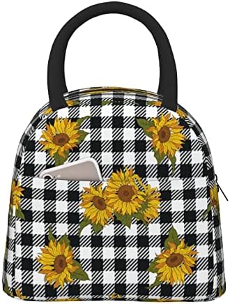 Niuyoif Buffalo Plaid Sunflower Lunch Box Reusable Insulated Waterproof Lunch Bag Cooler Tote Box With Pocket Zipper Closure For Women Men Work/Travel/Picnic