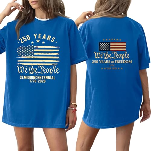 Women 4th of July Round Neck Tops Casual Loose 250 Anniversary Printed Shirts Independence Day Short Sleeve Blouse