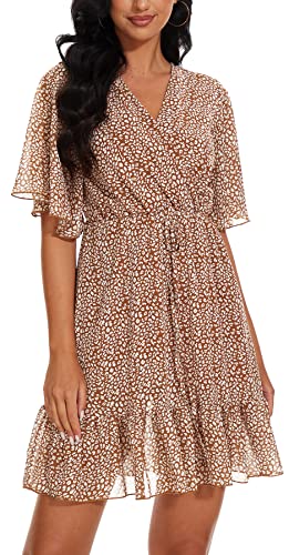 Image of YUNDAI Womens Summer Mini Dresses Chiffon Wrap Dress Casual Ruffle Short Sleeve V Neck Leopard Print High Waist Flowy Midi Dress with Belt, Medium Floral Coffee