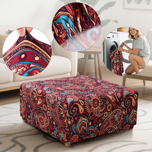 Image of YISUN Ottoman Cover Square, Stretch Printed Ottoman Slipcover Square, Thick Storage Ottoman Covers Washable Footrest Stool Cover Protector with Nonslip Elastic Bottom