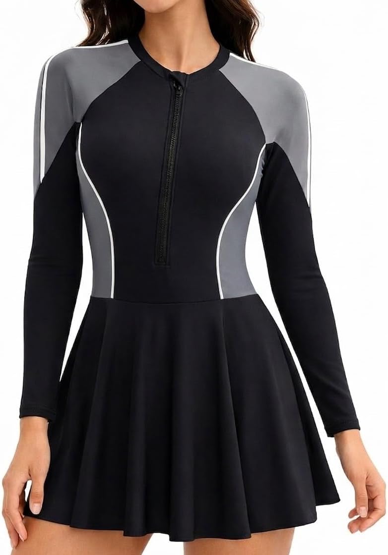 Women's Modest Long Sleeve One-Piece Swim Dress – Flattering Fit, Tummy Coverage, Front Zip, Rash Guard