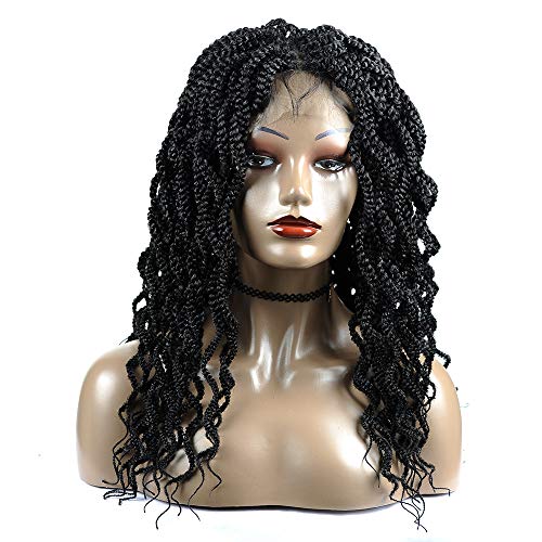 Braided Wigs, Shining Star 18” Pure Handmade Micro Braided Box Curly Natural Black Synthetic Hair Lace Front Wigs with Baby Hair for Women