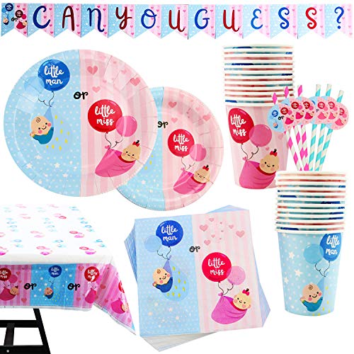 127-teiliges Set, Junge oder Mädchen? Gender Reveal Geschänkparty, mit Partyzubehör, bestehend aus Banner, Tellern, Bechern, Servietten, Tischtüchern und Strohhalmen für je 25 Personen