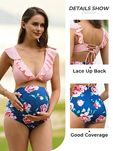 Summer Mae Maternity High Waist Swimsuit Two Piece Ruffle Bikini Bathing Suit Floral V-Neck Pregnancy Swimwear Blue Pink Flower Medium #TOP2