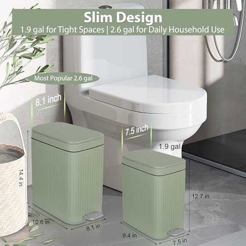 Image of rejomiik Small Bathroom Trash Can with Lid Slim Soft Close Garbage Can Step Wastebasket Container Trash Bin for Office Bedroom Kitchen Living Room (1.9 Gallon Light Green)