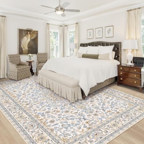 VECARF Area Rug 9x12 Washable Rug, Vintage Boho Medallion Rugs Non-Slip Soft Low Pile Large Distressed Rug Indoor Retro Carpet for Living Room Bedroom Dining Room Home Office (BeigeBlue, 9'x12') - 1