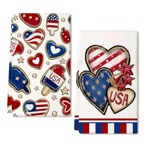 DineDia Stars 4th of July Kitchen Towels Set of 2,Red Heart USA Patriotic Dish Hand Towels Farmhouse Indoor Outdoor Holiday Seasonal Decorations DD100