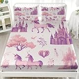 Kinder Spannbettlaken Set 90x200x30cm Rosa Lila Spannbetttuch Weiche Atmungsaktiv Microfaser mit 2...